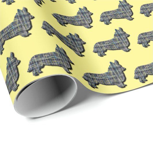 Papier Cadeau Corgi Welsh Ligne Grille Y&B jaune (Coin rond)