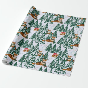 Papier Cadeau Corgis décorent l'arbre de Noël en forêt blanche