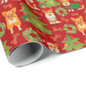 Papier Cadeau Corgis décorent l'arbre de Noël - rouge motif (Coin rond)