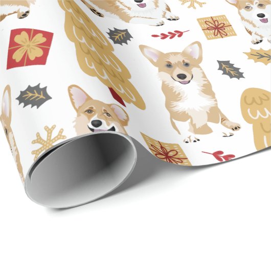 Papier Cadeau Corgis fêtera noël - motif blanc (Coin rond)