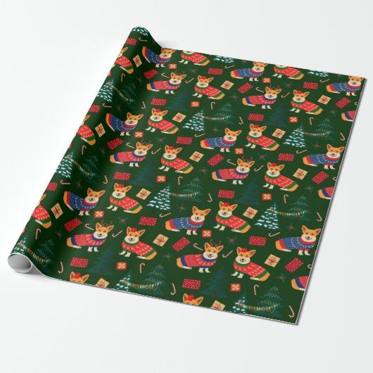 Papier Cadeau Corgis fêtera Noël- motif vert (Déroulé)