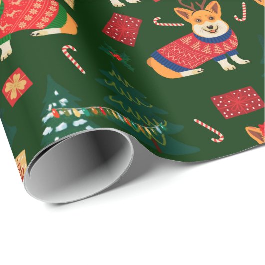 Papier Cadeau Corgis fêtera Noël- motif vert (Coin rond)