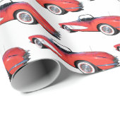 Papier Cadeau Corvette convertible rouge rétro 1960 (Coin rond)