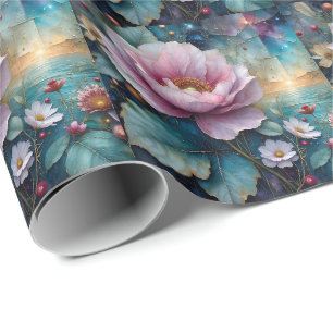 Papier Cadeau Cosmos rose et or Feuilles de teck