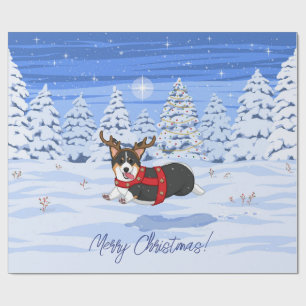 Papier Cadeau Costume de Renne de Noël pour Corgi Noir Mignon