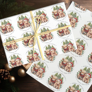 Papier Cadeau Cosy Highland Cow Farm Animaux Joyeux Noël