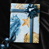 Papier Cadeau Côte Chic | Moderne bleu et or sous la mer