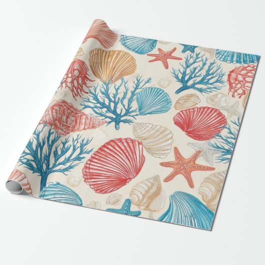 Papier Cadeau Côtière rustique - Coquillages, Poisson étoilé, Ba (Déroulé)