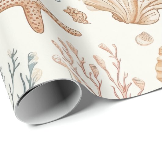 Papier Cadeau Côtière rustique - Coquillages, Starfish, Reef (32 (Coin rond)