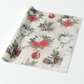 Papier Cadeau Coton de pin poinsettia rouge et blanc classique (Déroulé)