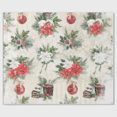 Papier Cadeau Coton de pin poinsettia rouge et blanc classique (Plat)