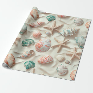 Papier Cadeau Cottage de plage Corail pêche Coquillage bleu