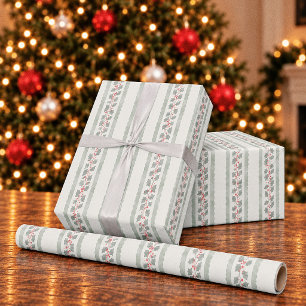 Papier Cadeau Cottagecore Noël aquarelle à rayures de houx