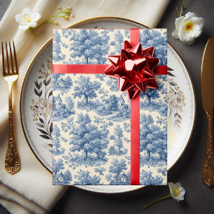 Papier Cadeau Cottagecore Poudre Bleue Toile de Jouy Florale Vin