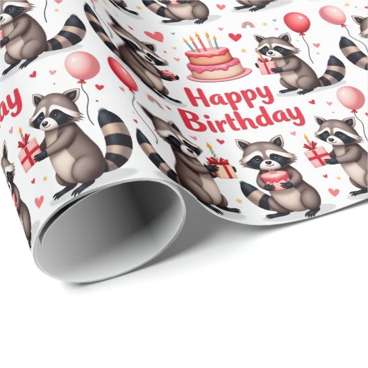 Papier Cadeau Couleur d'eau douce Raccoon scène d'anniversaire - (Coin rond)