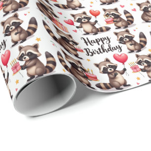 Papier Cadeau Couleur d'eau douce Raccoon scène d'anniversaire -
