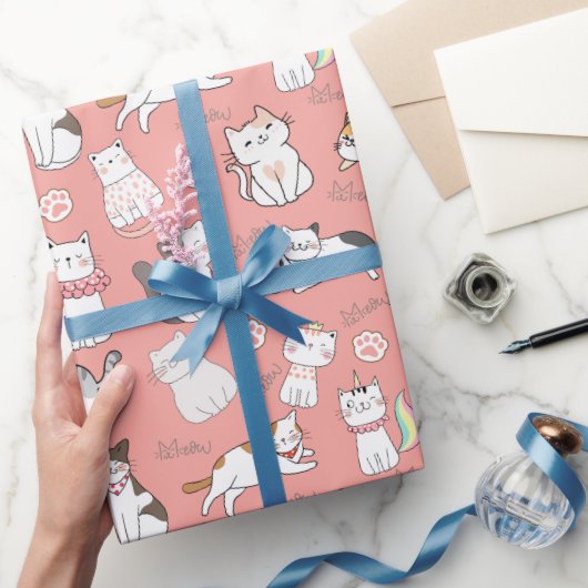 Papier Cadeau Couleur rose Motif pour chats mignons (Cadeaux)