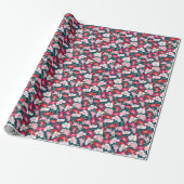 Papier Cadeau Couleur Rouge Floral Motif Bleu (Déroulé)