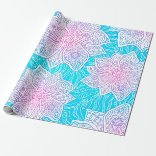 Papier Cadeau Couleurs bleues et roses ornementent fleurs transp