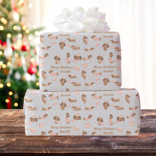 Papier Cadeau Couleurs modifiables Dachshund de Noël rose avec n