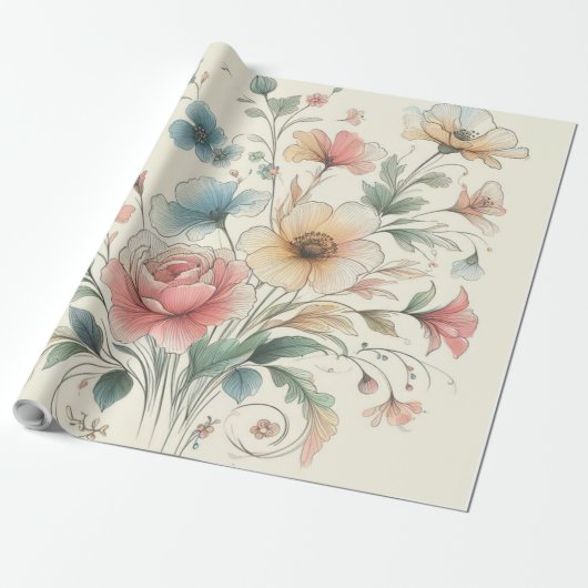 Papier Cadeau couleurs pastel floral art (Déroulé)