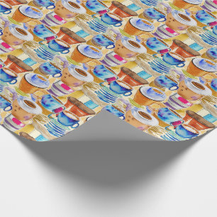 Papier Cadeau Coupes de café en terre cuite bleue Aquarelle Abst