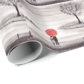 Papier Cadeau Couple d'amour de parapluie rouge (Coin rond)
