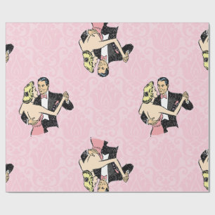 Papier Cadeau couple dansant vintage salle de bal rose damas