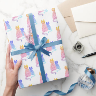 Papier Cadeau Couple de chats rayés rose et bleu abstrait modern