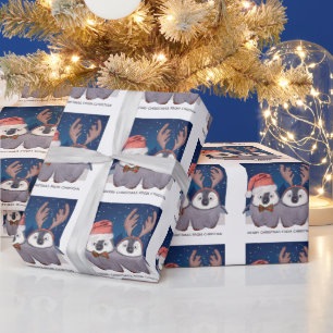 Papier Cadeau Couple de manchots Noël mignon Santa et renne