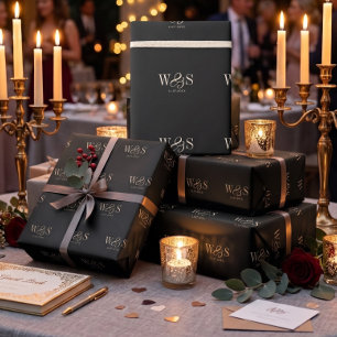 Papier Cadeau Couples de mariage initial noir élégant
