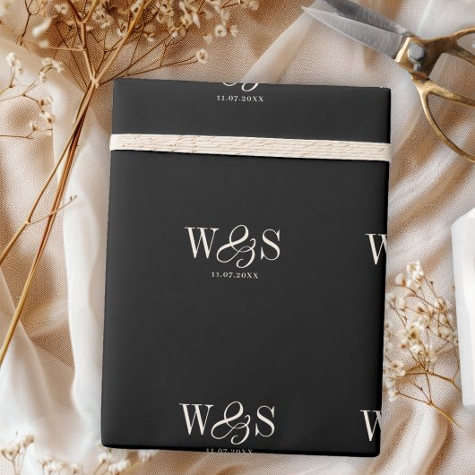 Papier Cadeau Couples de mariage initial noir élégant