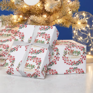 Papier Cadeau Couronne de baies rouges Merry & Bright