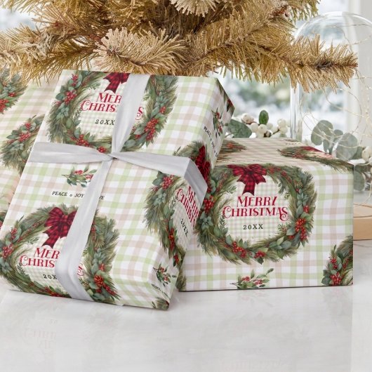 Papier Cadeau Couronne de gingham aquarelle Noël