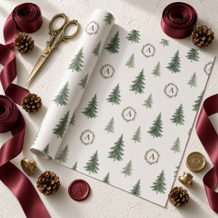 Papier Cadeau Couronne de monogramme d'arbre de Noël à l'aquarel