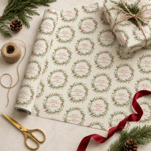 Papier Cadeau Couronne de Noël botanique personnalisée rouge et