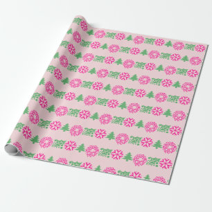 Papier Cadeau Couronne de Noël fantaisiste rose et verte au houx