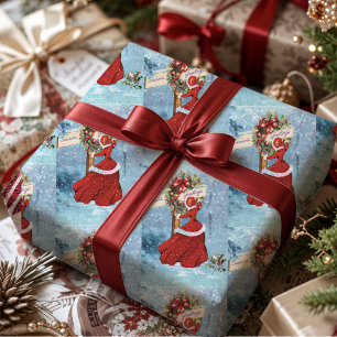 Papier Cadeau Couronne de Noël Fille Rouge Pailletée Vintage enn