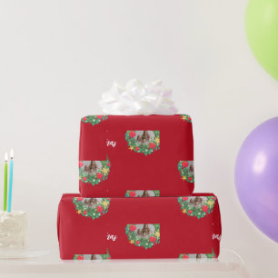 Papier Cadeau Couronne de Noël Photo Fête Famille Nom Joyeux Noë