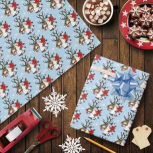 Papier Cadeau Couronne festive de Noël de rennes bleus 