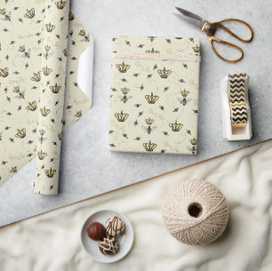 Papier Cadeau Couronne Royale Élégante Dorée Reine Abeille