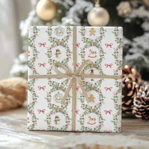Papier Cadeau Couronnes et jouets de Noël fantaisistes