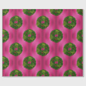 Papier Cadeau Couronnes vertes à Noël rose (Plat)