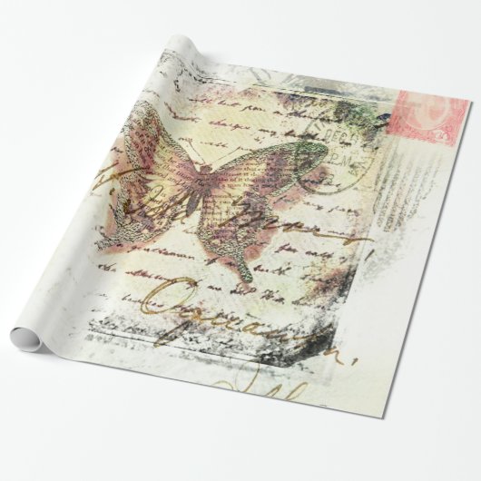 Papier Cadeau Courrier papillon vintage (Déroulé)