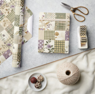 Papier Cadeau Courtepoint Pastel Vert Lilas Patchwork Gingham