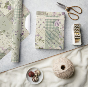 Papier Cadeau Courtepoint Pastel Vert Lilas Patchwork Gingham