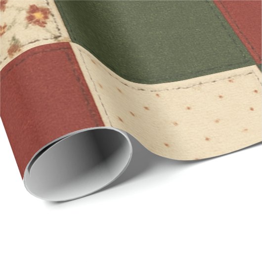 Papier Cadeau Courtepoint patchwork rouge vert Maison de campagn (Coin rond)