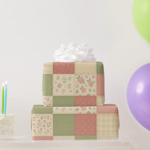 Papier Cadeau Courtepoint Patchwork Vert Rose Maison de Campagne