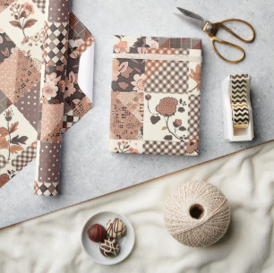 Papier Cadeau Couverture Marron Gingham Floral Cottagecore Terre