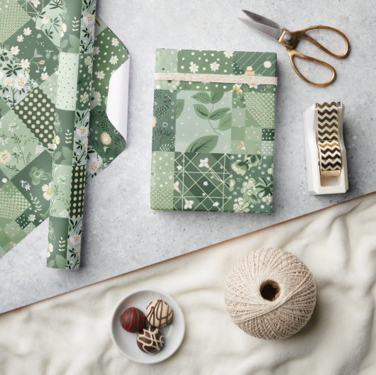 Papier Cadeau Couvre-lit vert patchwork à carreaux géométriques (Artisanat)